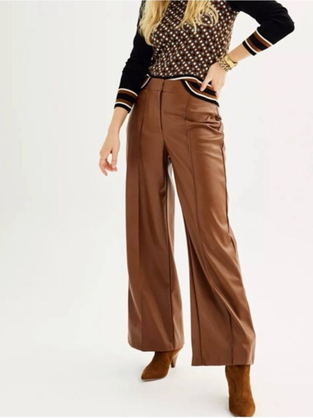 NWT Nine West Faux Leather Pants Wide
Leg Pleated Trouser Brown Size 12